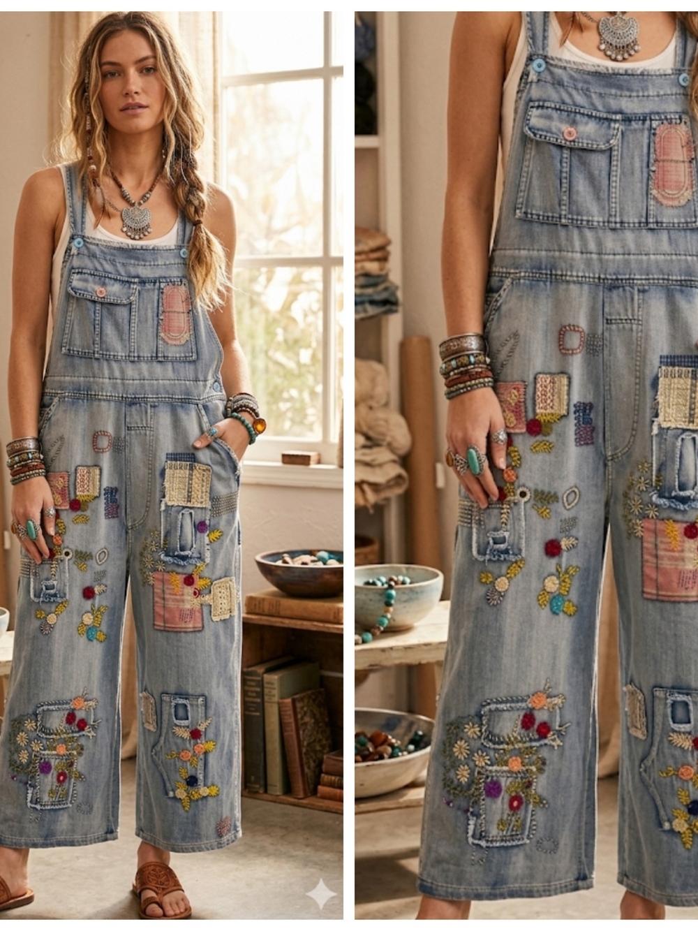 Embroidered Light Blue Denim Overalls - Women Jeans